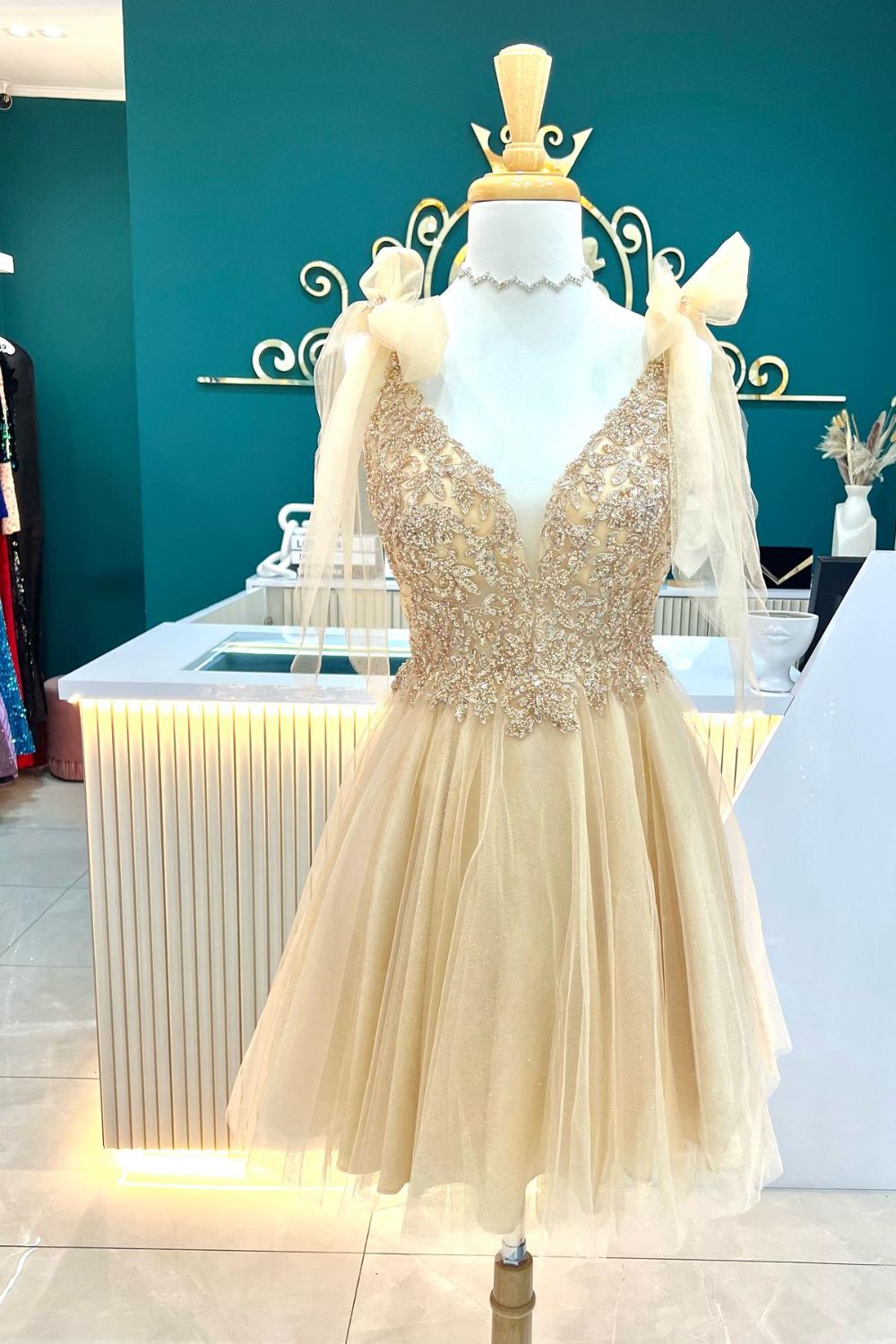 Dressime A Line V Neck Tulle Short/Mini Homecoming Dresses With Beaded dressime Dressime A Line V Neck Tulle Short/Mini Homecoming Dresses With Beaded dressime