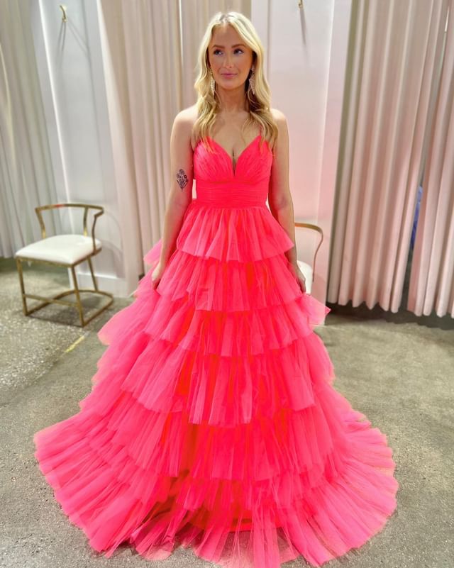 Dressime A Line V Neck Tulle Tiered Plunging Long Prom Dress dressime
