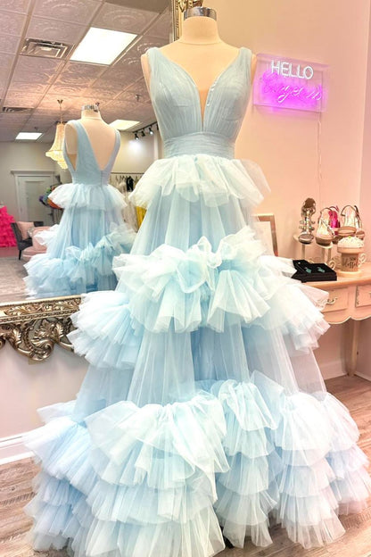 Dressime A Line V Neck Tulle Tiered Ruffle Long Prom Dress dressime