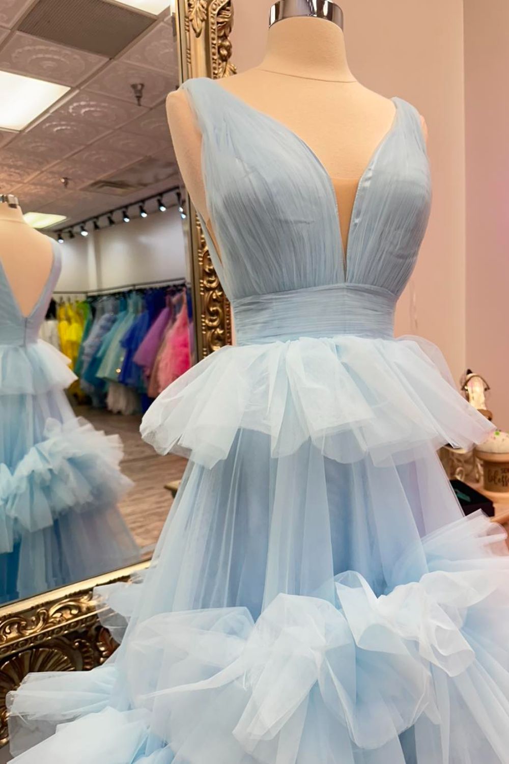 Dressime A Line V Neck Tulle Tiered Ruffle Long Prom Dress dressime Dressime A Line V Neck Tulle Tiered Ruffle Long Prom Dress dressime