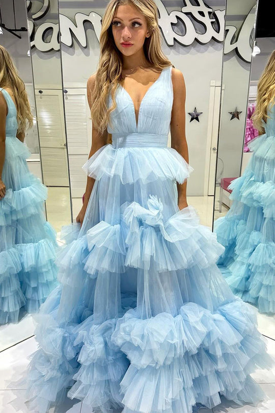 Dressime A Line V Neck Tulle Tiered Ruffle Long Prom Dress dressime Dressime A Line V Neck Tulle Tiered Ruffle Long Prom Dress dressime