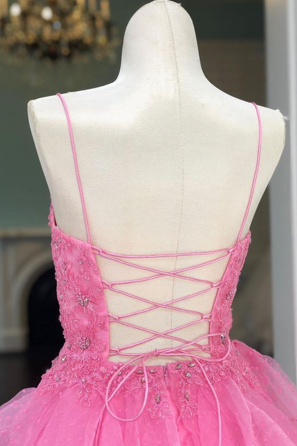 Dressime Asymmetrical A Line Spaghetti Straps Tulle Appliqes Ruffled Long Prom Dress with Beaded dressime