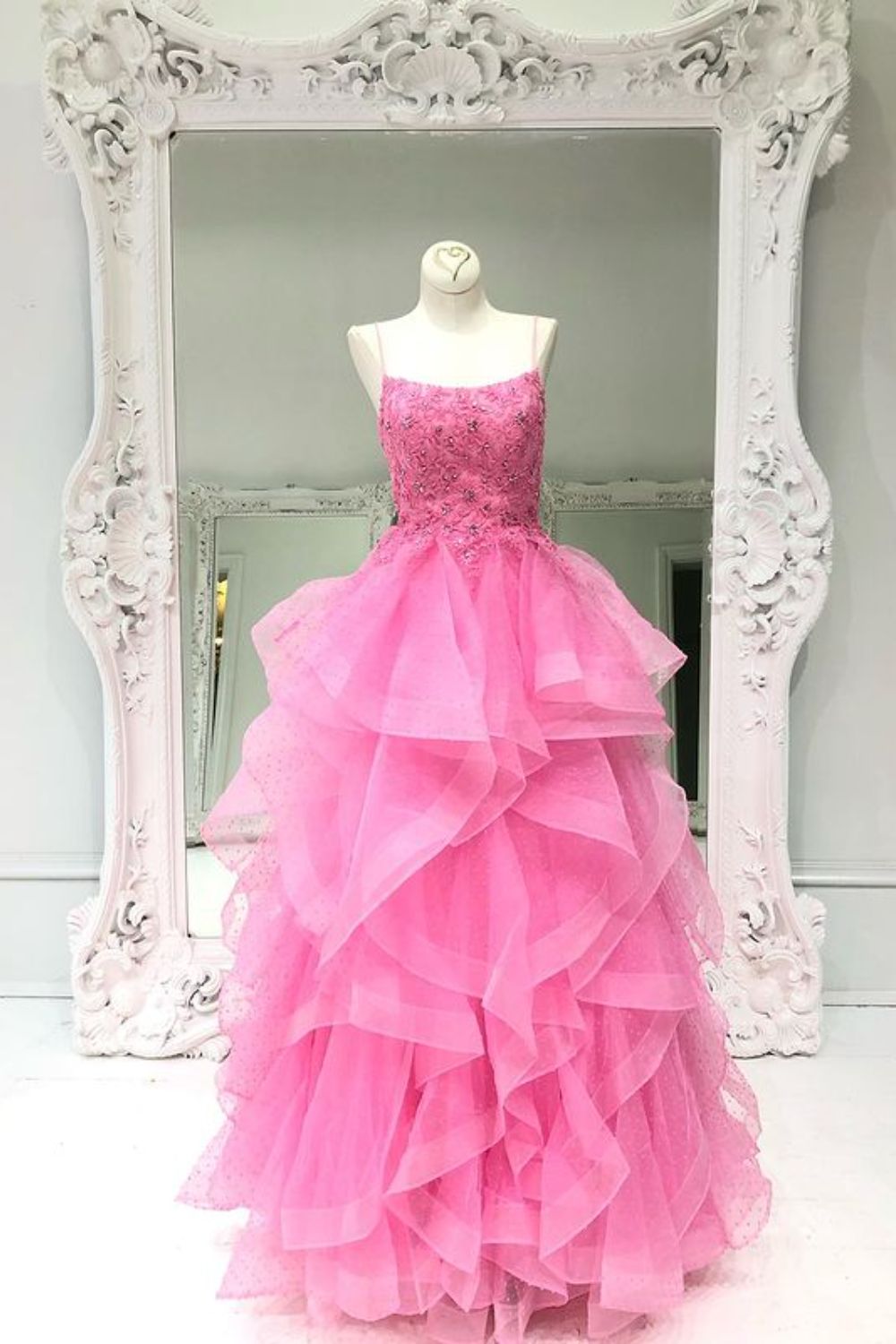 Dressime Asymmetrical A Line Spaghetti Straps Tulle Appliqes Ruffled Long Prom Dress with Beaded dressime