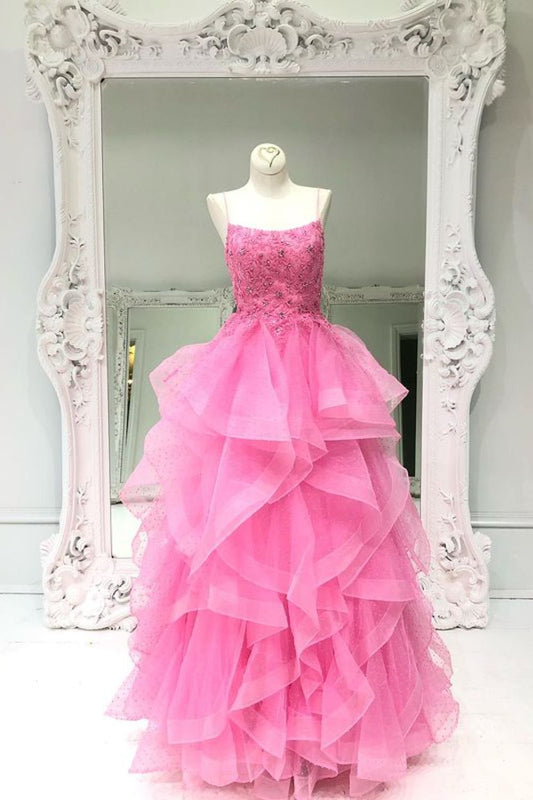 Dressime Asymmetrical A Line Spaghetti Straps Tulle Appliqes Ruffled Long Prom Dress with Beaded dressime