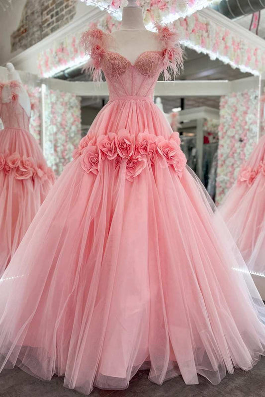 dressimeBall Gown Lace Feather Off-the-Shoulder Long Prom Dresses with 3D Floral Lace 