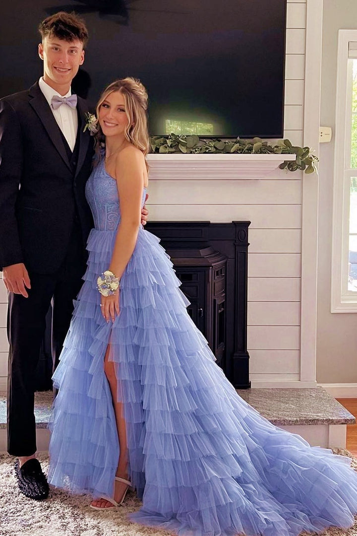 Dressime Ball Gown Lace One Shoulder Multi-Tiered Prom Dresses with Ru dressime Dressime Ball Gown Lace One Shoulder Multi-Tiered Prom Dresses with Ru dressime