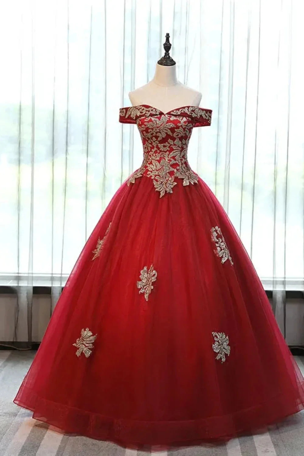 Dressime Ball Gown Off The Shoulder Tulle Long Princess Dress Appliques&Beads dressime