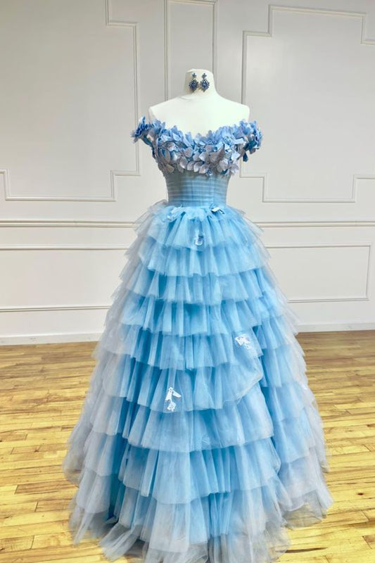 Dressime Ball Gown Off The Shoulder Tulle Slit Tiered Long Prom Dress With Applique dressime
