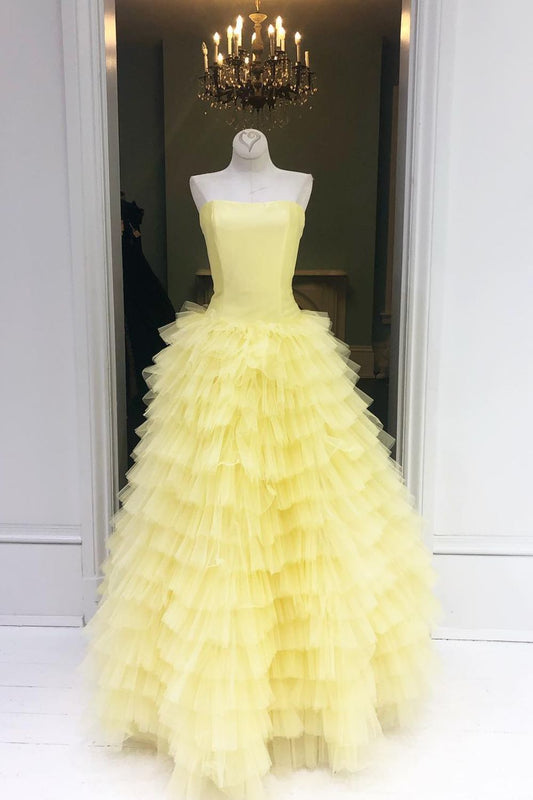 Dressime Ball Gown Strapless Satin Tulle Tiered Long Prom Dress dressime