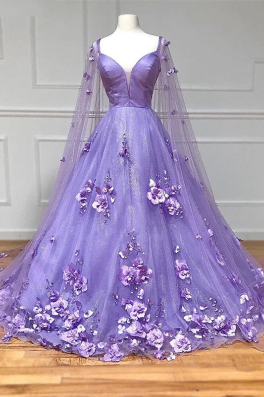 Dressime Ball Gown Tulle Spaghetti Straps 3D Flower Prom Dresses with Cape dressime