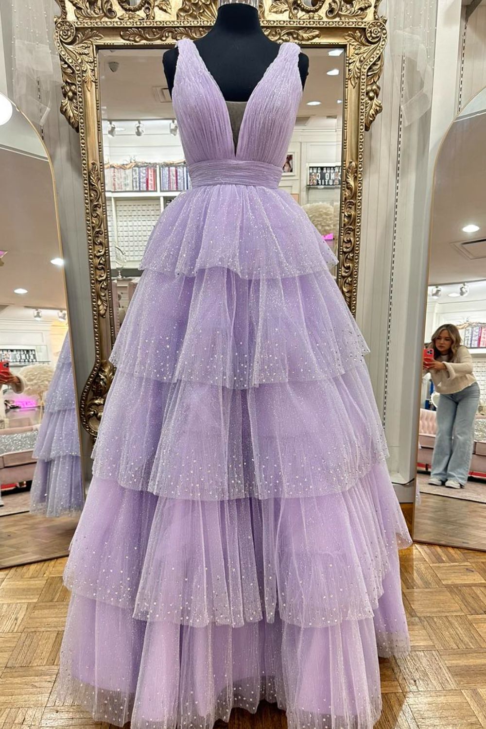 Dressime Ball Gown V Neck Tulle Tiered Prom Dress With Slit dressime Dressime Ball Gown V Neck Tulle Tiered Prom Dress With Slit dressime