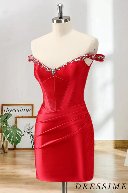 Dressime Bodycon Off The Shoulder Satin Short/Mini Homecoming Dress With Rhinestones dressime