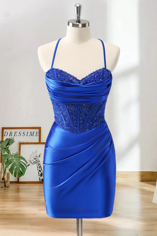 Dressime Bodycon Spaghetti Straps Satin Corset Short/Mini Homecoming Dress with Beaded dressime