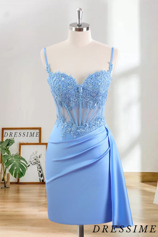 Dressime Bodycon Spaghetti Straps Satin Corset Tight Short/Mini Homecoming Dress With Sequin Appliques dressime