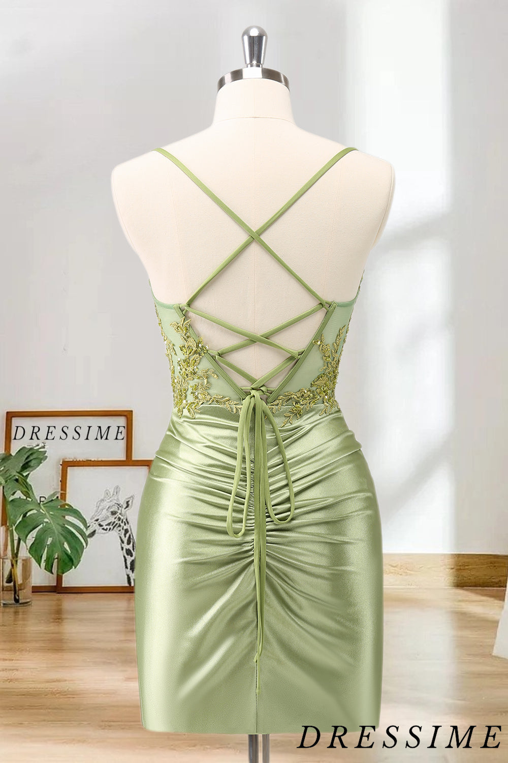 Dressime Bodycon Spaghetti Straps Satin Pleated Corset Short/Mini Homecoming Dress With Appliques dressime