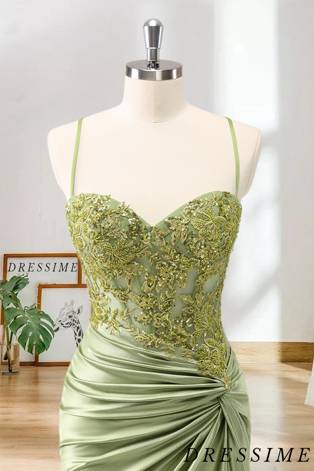 Dressime Bodycon Spaghetti Straps Satin Pleated Corset Short/Mini Homecoming Dress With Appliques dressime