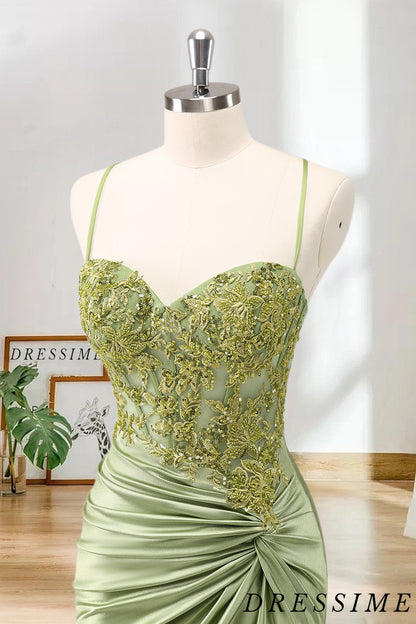 Dressime Bodycon Spaghetti Straps Satin Pleated Corset Short/Mini Homecoming Dress With Appliques dressime