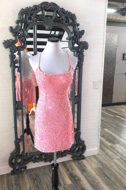 Dressime Bodycon Spaghetti Straps Sequin Lace Up Short Homecoming Dress dressime