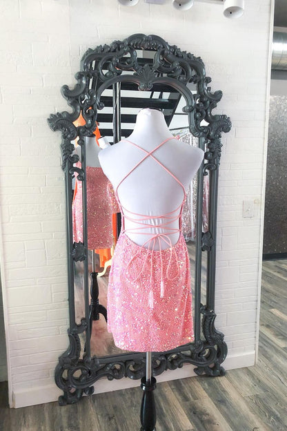 Dressime Bodycon Spaghetti Straps Sequin Lace Up Short Homecoming Dress dressime