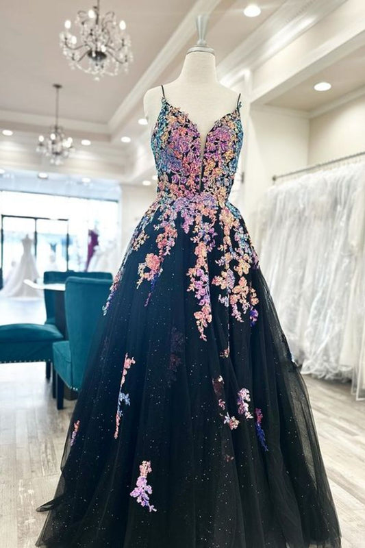 Dressime Charming A Line Spaghetti Straps Tulle Long Prom Dress with Appliques dressime