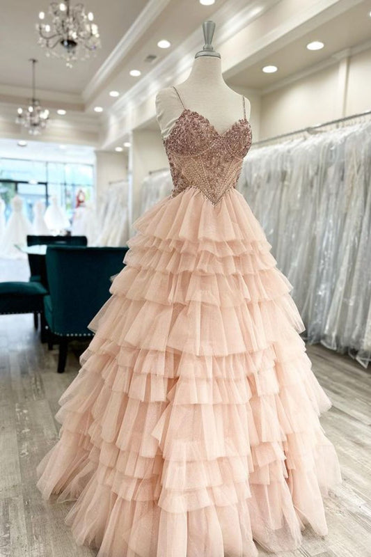 Dressime Charming A Line Spaghetti Straps Tulle Long Prom Dress with Beaded dressime