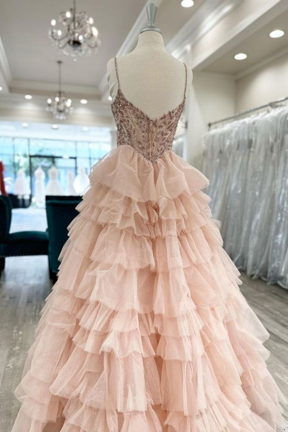 Dressime Charming A Line Spaghetti Straps Tulle Long Prom Dress with Beaded dressime