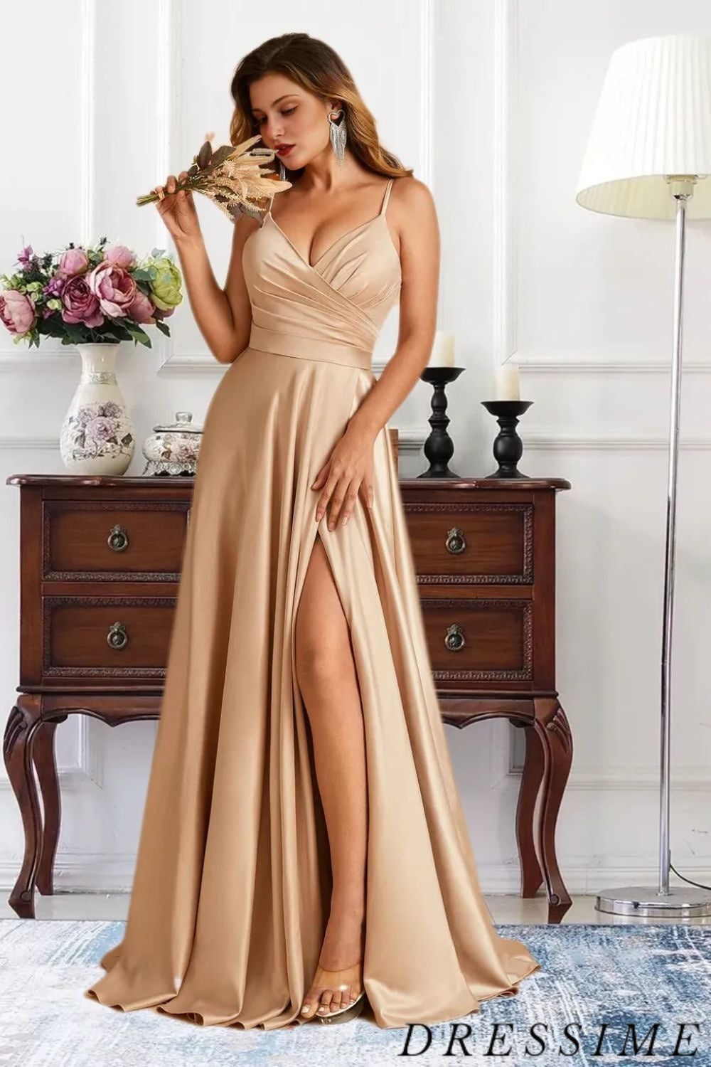 Dressime Charming A Line V Neck Satin Floor Length Bridesmaid Dress Wi dressime Dressime Charming A Line V Neck Satin Floor Length Bridesmaid Dress Wi dressime
