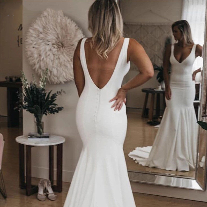 dressimeChic V Neck Mermaid Wedding Dresses Ivory Satin Long Cheap Beach Wedding Gowns 