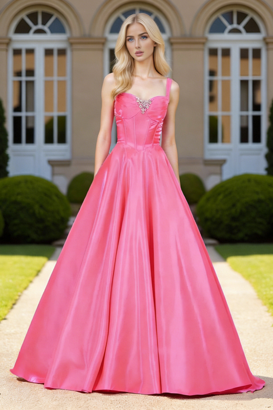 Dressime Cute A Line Straps Satin Long Prom Dress With Beading