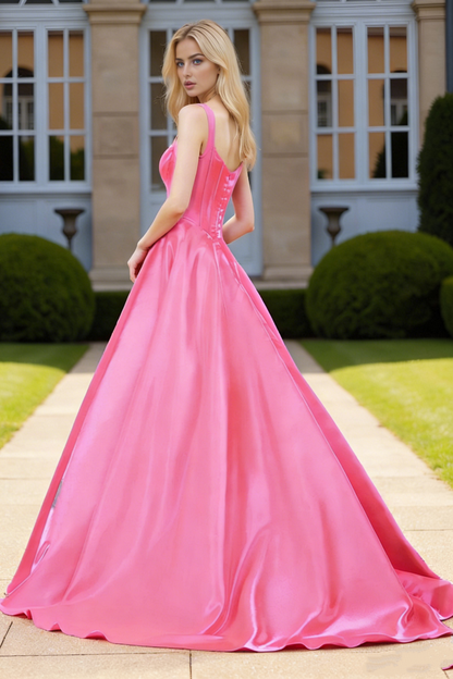 Dressime Cute A Line Straps Satin Long Prom Dress With Beading