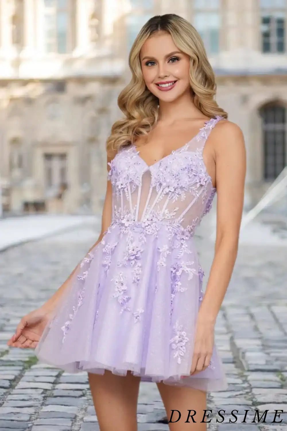 Dressime Cute A Line Straps V Neck Tulle Short/Mini Homecoming Dress w – dressime