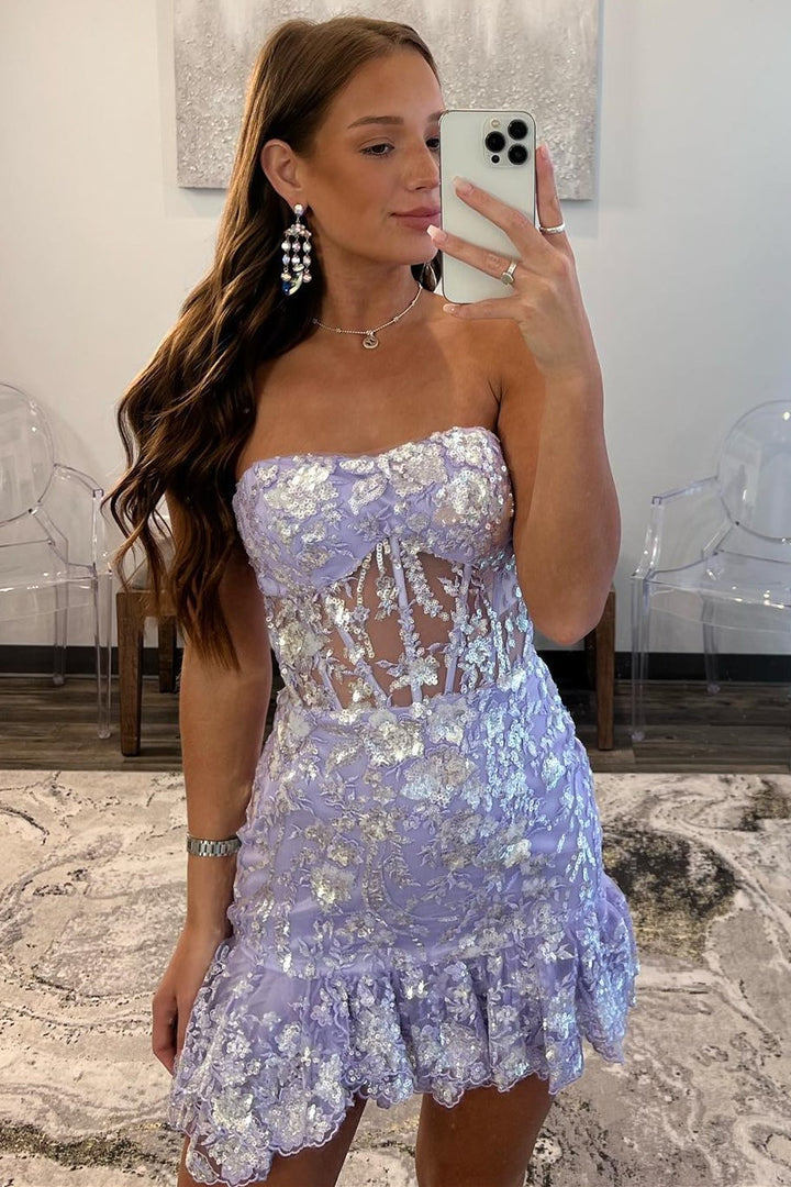 dressimeCute Sequin Tiered Appliques Strapless Homecoming Dress 