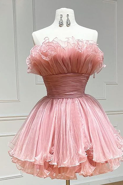 dressimeCute Strapless Pleated Ruffles Short Homecoming Dresses 