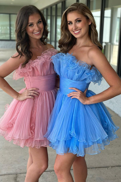 dressimeCute Strapless Pleated Ruffles Short Homecoming Dresses 