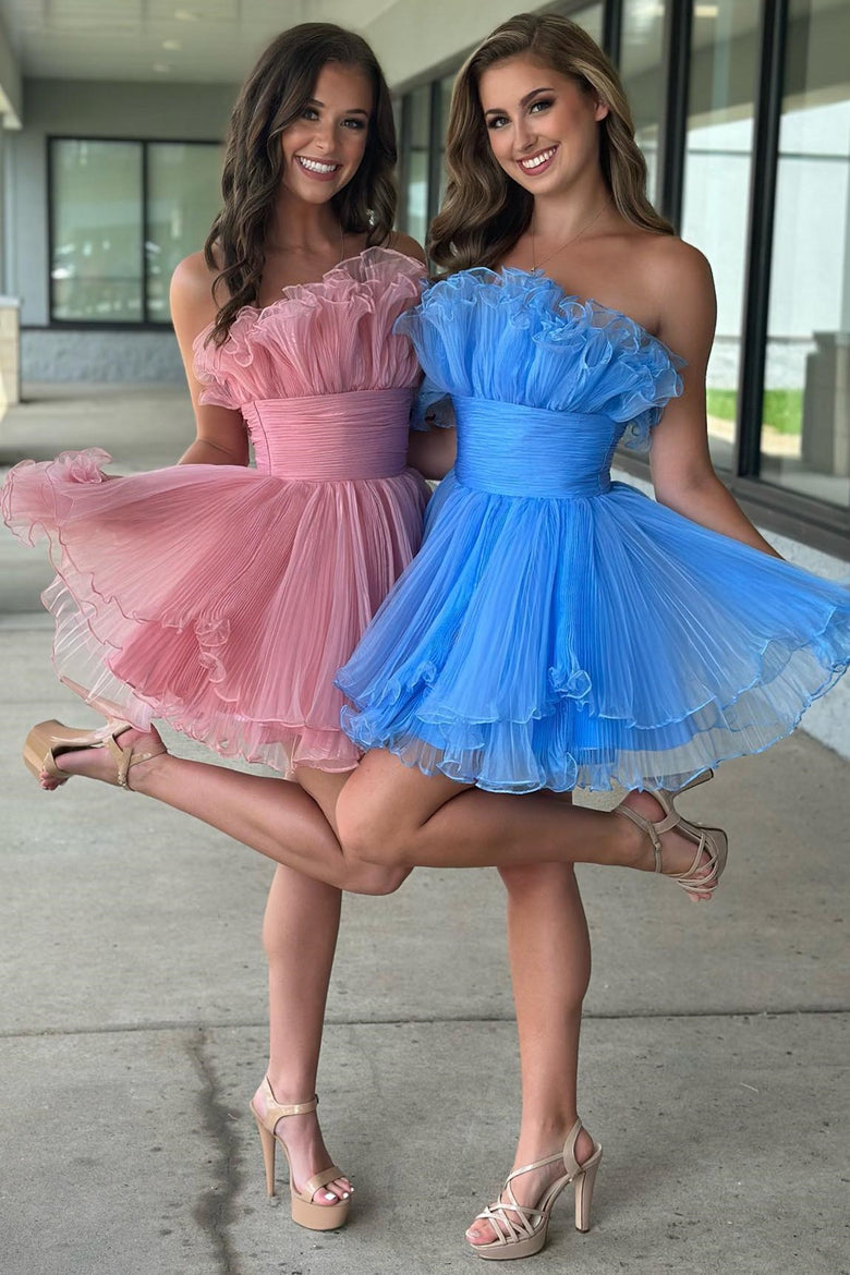 dressimeCute Strapless Pleated Ruffles Short Homecoming Dresses 