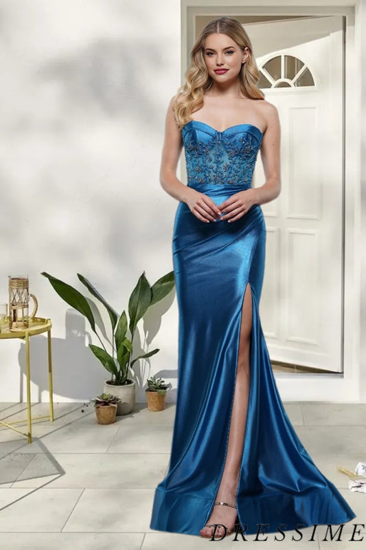 Dressime Delicate Mermaid Sweetheart Satin Slit Long Prom Dress With Beaded dressime