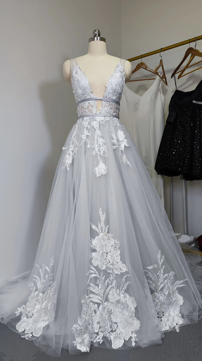 dressimeDressime A Line V Neck Straps Beach Wedding Dresses with Appliques 