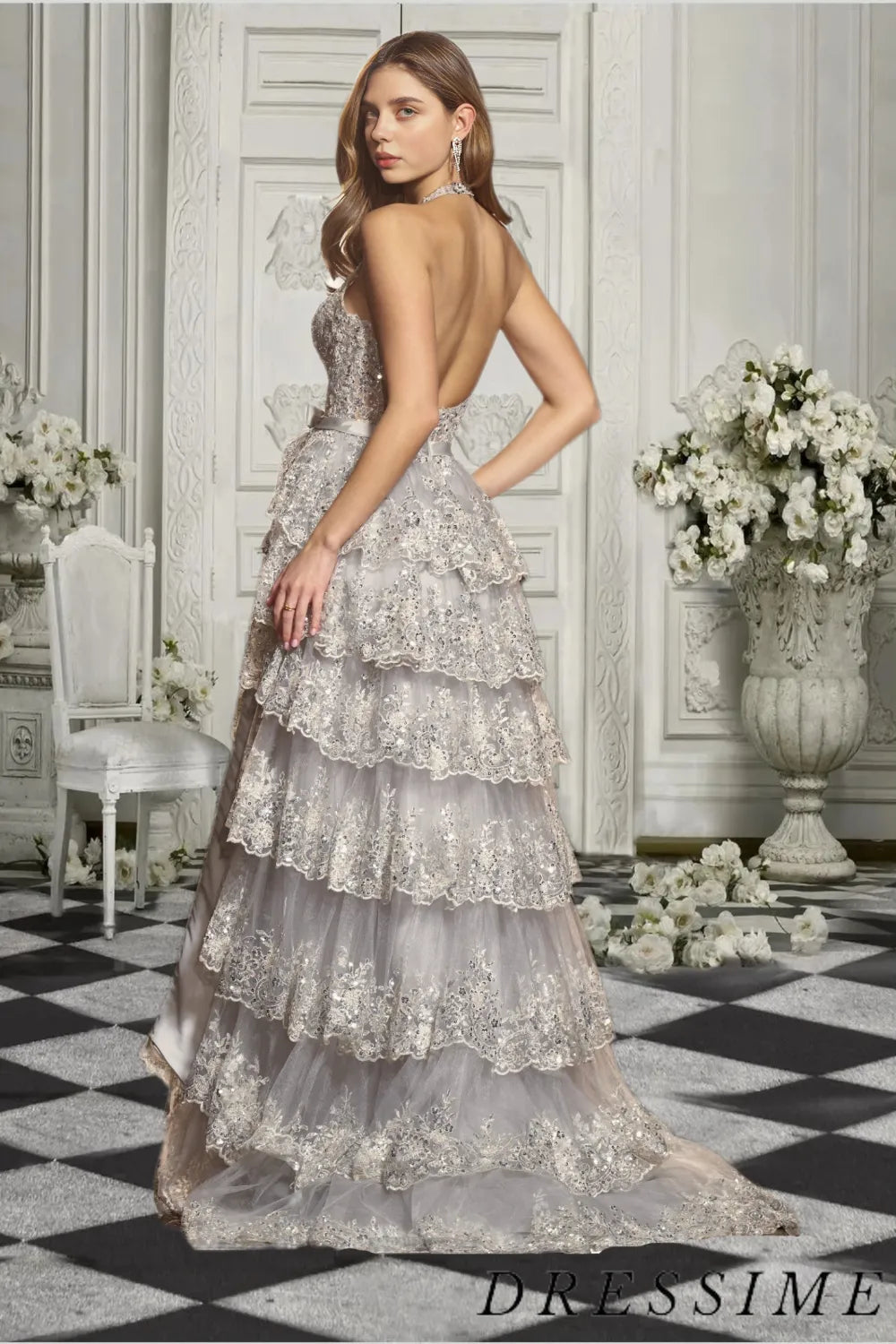 Dressime Elegant A Line Halter Tiered Slit Long Prom Dress With Sequin dressime Dressime Elegant A Line Halter Tiered Slit Long Prom Dress With Sequin dressime