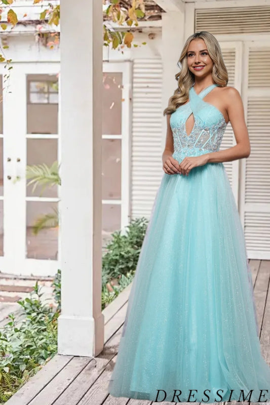 Dressime Elegant A Line Halter Tulle Long Prom Dress With Appliques dressime