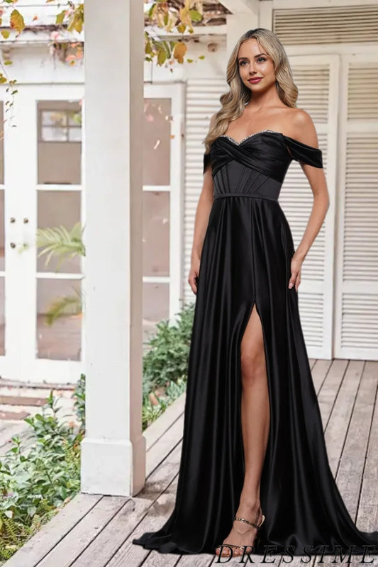 Dressime Elegant A Line Off the Shoulder Satin Slit Long Prom Dress dressime