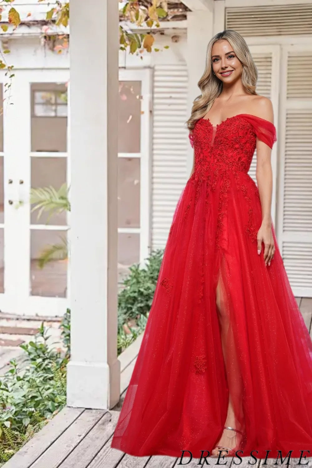 Dressime Elegant A Line Off the Shoulder Tulle Slit Long Prom Dress With Appliques dressime