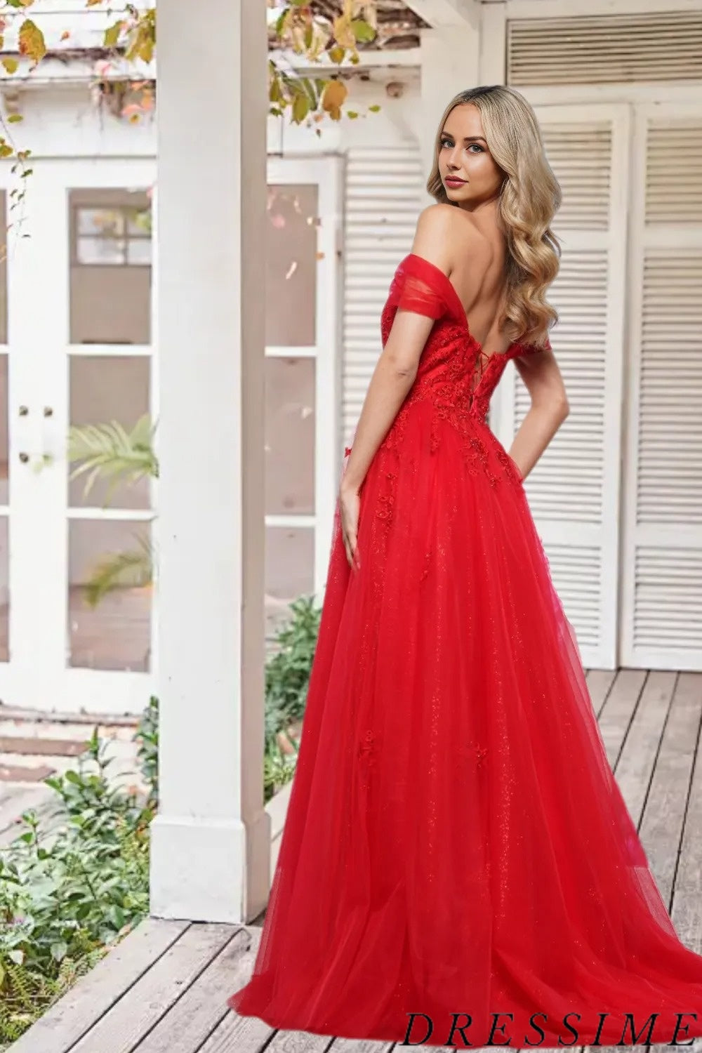 Dressime Elegant A Line Off the Shoulder Tulle Slit Long Prom Dress With Appliques dressime