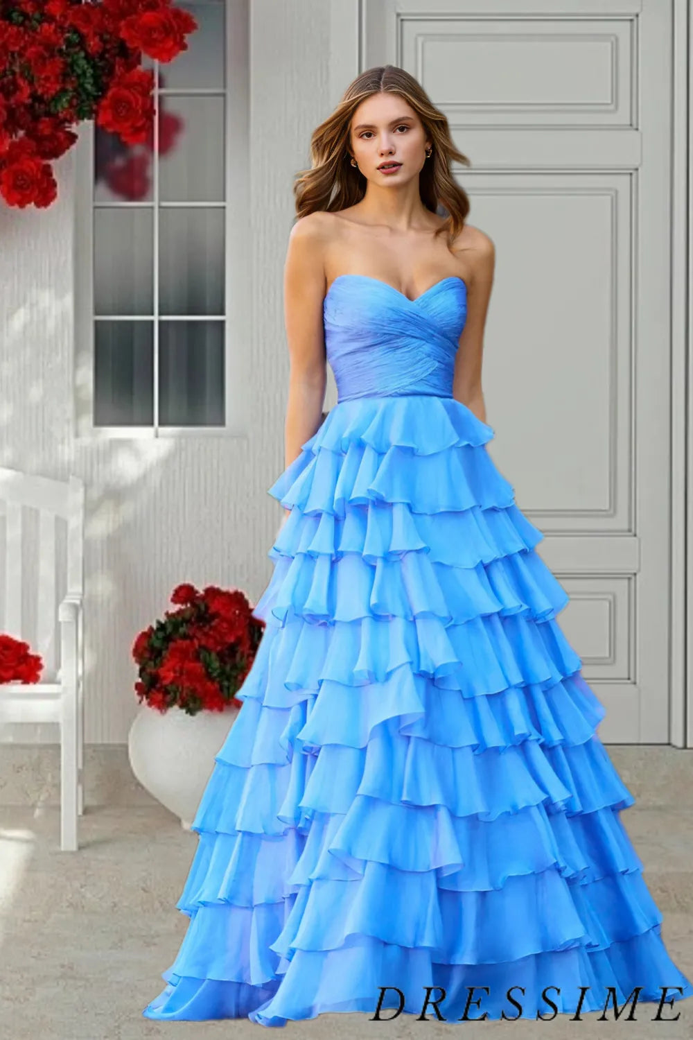 Dressime Elegant A Line Strapless Chiffon Tiered Long Prom Dress dressime Dressime Elegant A Line Strapless Chiffon Tiered Long Prom Dress dressime