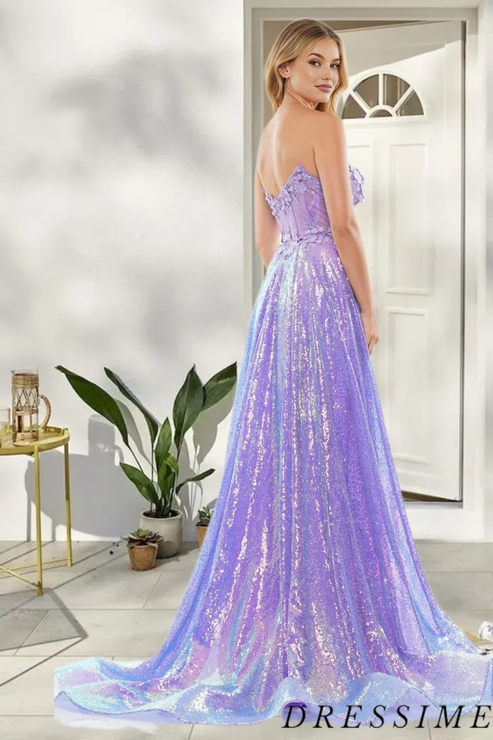Dressime Elegant A Line Strapless Sequin Long Prom Dress With Flowers dressime