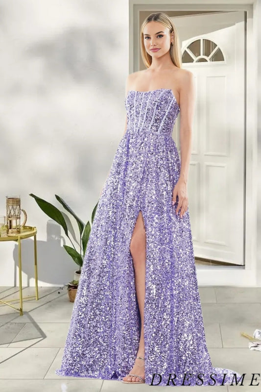 Dressime Elegant A Line Strapless Sequin Long Prom Dress With Slit dressime
