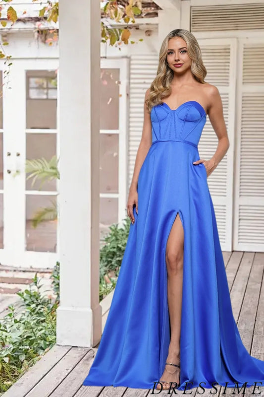 Dressime Elegant A Line Sweetheart Satin Long Prom Dress With Slit dressime