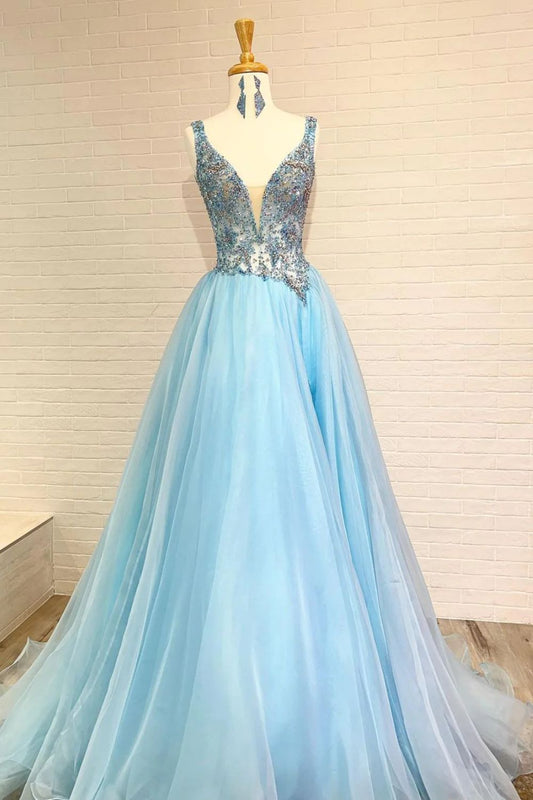 Dressime Elegant A-Line Tulle Beads V-Neck Sleeveless Prom Dresses dressime