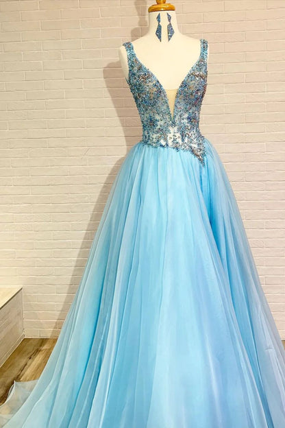 Dressime Elegant A-Line Tulle Beads V-Neck Sleeveless Prom Dresses dressime