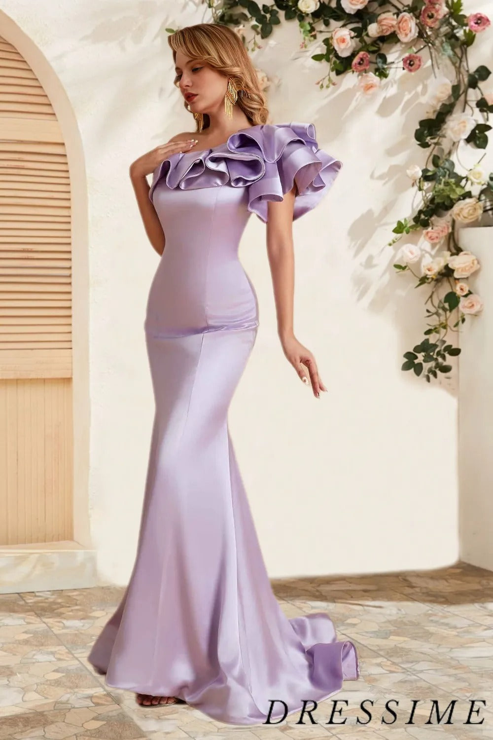 Dressime Elegant Mermaid One Shoulder Satin Pleats Floor Length Bridesmaid Dress dressime