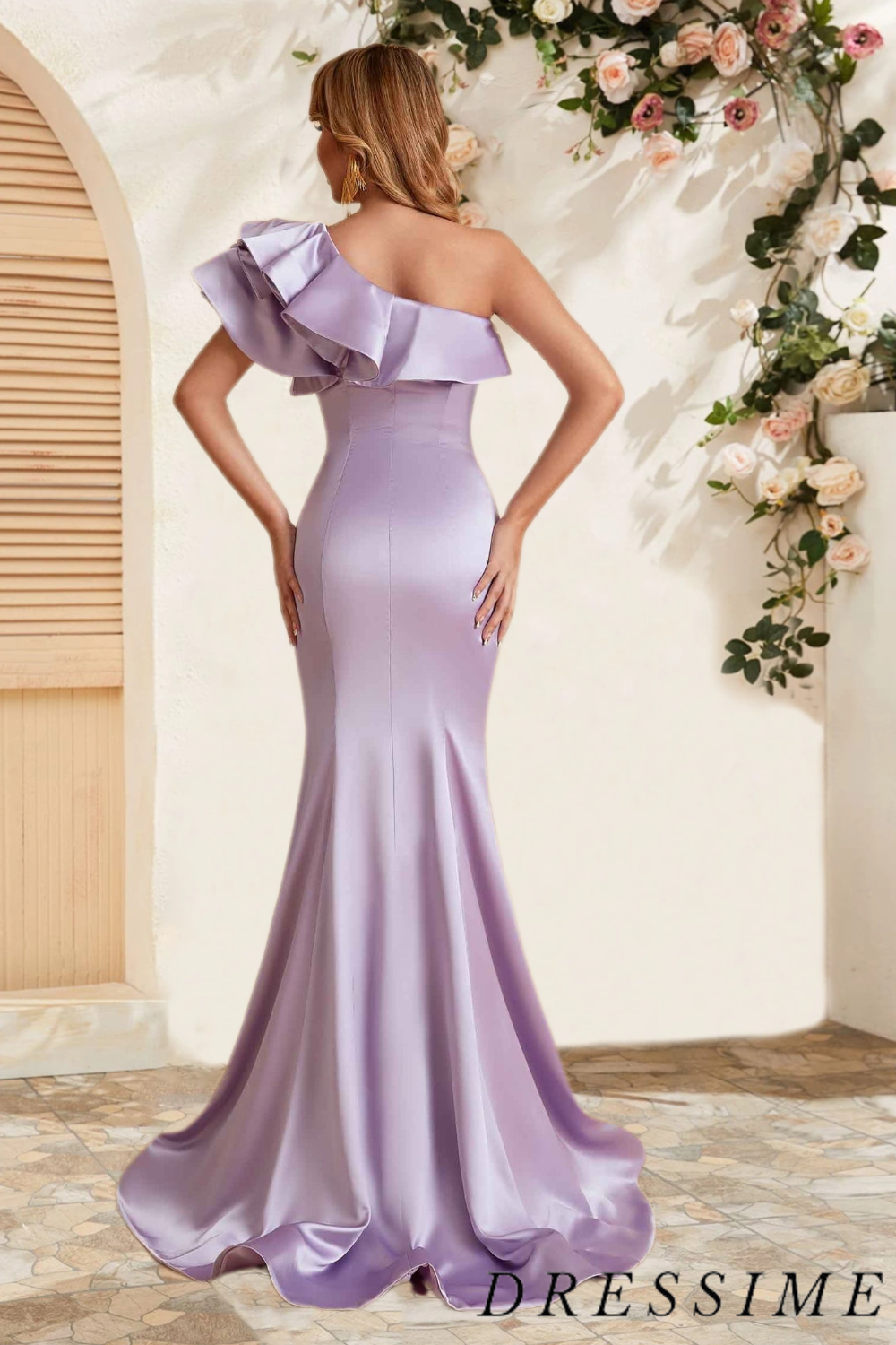 Dressime Elegant Mermaid One Shoulder Satin Pleats Floor Length Bridesmaid Dress dressime